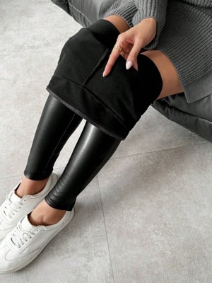 Femora Moda Kadın Yüksek Bel Şardonlu Parlak Deri Tayt