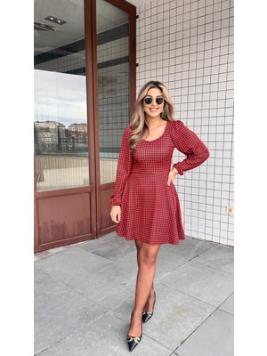 Femora Moda Kadın Uzun Kollu Kare Kalp Yakalı Mini Modal Elbise