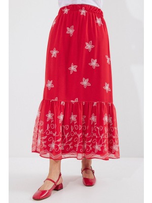 Femora Moda 8010 Desenli Şifon Etek - A.kırmızı