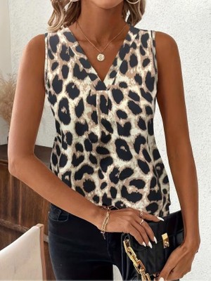 Femora Moda Kadın Askılı V Yakalı Leopar Desenli Süprem Bluz