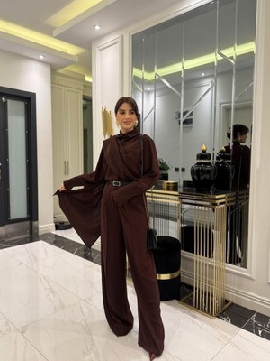 Femora Moda Kadın Uzun Kollu Şal Detaylı Bluz ve Pantolon Ikili Takım (Kemer Dahil Değil)