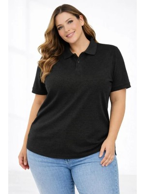 Femora Moda Pike Kumaş Düğmeli Yaka Battal Büyük Beden Günlük Kısa Kol Tişört T-Shirt - Siyah