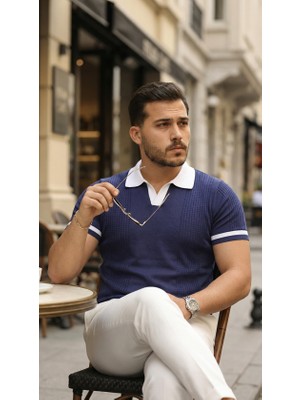 Femora Moda Erkek Renkli Yakalı File Desenli Kısa Kollu Tişört