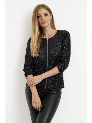 Femora Moda Kadın Uzun Kollu Önü Fermuarlı Kısa Pulpayet Ceket