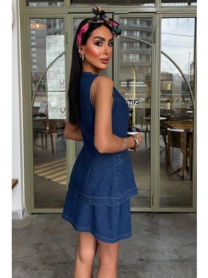 Femora Moda Kolsuz Yelekli Mini Etekli Denim Takım 10164