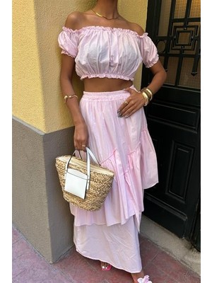 Femora Moda Büzgülü Crop Kat Detaylı Fırfır Etekli Takım 10196