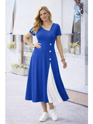 Femora Moda Kadın Kısa Kollu Asimetrik Yakalı Düğme Detaylı Midi Viskon Elbise