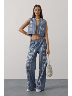 Femora Moda Baskılı Önü Bağlamalı Yelekli Takım - Indigo