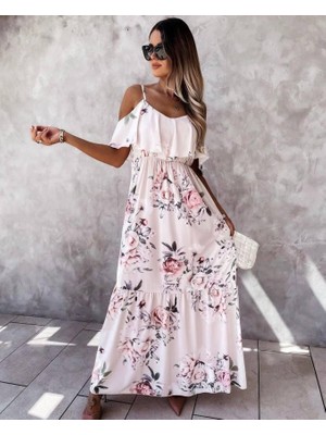 Femora Moda Kadın Gül Desenli Maxi Boy Mikro Kumaş Elbise