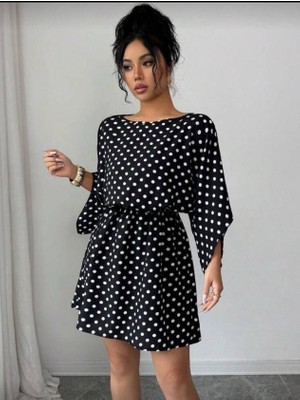 Femora Moda Kadın Puantiyeli Örme Krep Mini Elbise (Kemersiz)