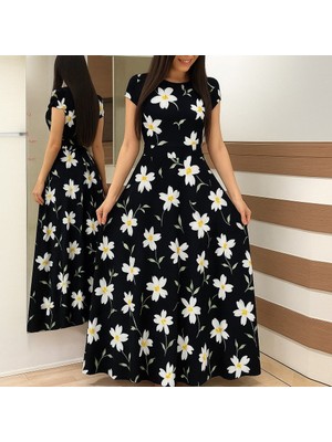 Femora Moda Kadın Kısa Kollu Bisiklet Yaka Puantiyeli Maksi Örme Krep Elbise