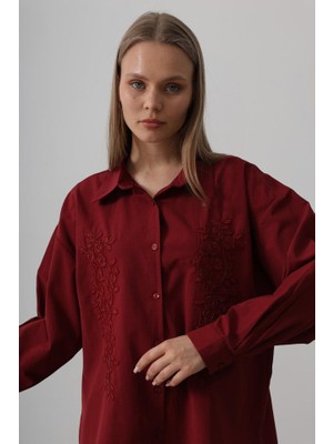 Femora Moda Boncuk Nakış Detaylı Uzun Gömlek - Bordo