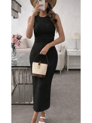 Femora Moda Kadın Askılı Bisiklet Yaka Beli Büzgülü Uzun Bürümcük Elbise