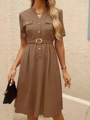 Femora Moda Kadın Kısa Kollu Düğmeli ve Kemerli Atlas Elbise