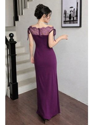 Femora Moda Kadın Göğüs ve Yakası Dantel Detaylı Kayık Yaka Görünümlü Uzun Ithal Krep Elbise