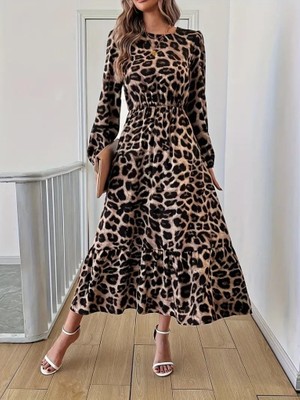 Femora Moda Uzun Kollu Bisiklet Yaka Leopar Desenli Midi Süprem Elbise