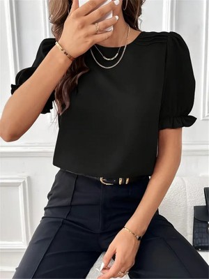 Femora Moda Kadın Kısa Kollu Bisiklet Yaka Kolları Gipeli Ithal Krep Bluz