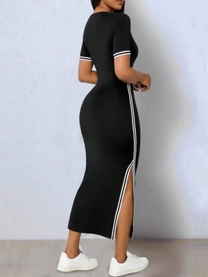 Femora Moda Kadın Kısa Kollu V Yakalı Yandan Yırtmaçlı Viskon Iki Iplik Elbise