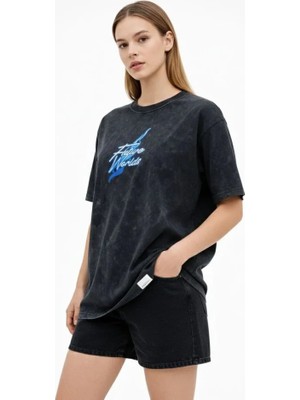 Femora Moda Asit Yıkamalı Oversize Tişört Future Worlds Baskılı Bisiklet Yaka Kısa Kollu Streetwear %100 Pamuk Street Style T-Shirt - Siyah