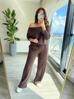 Femora Moda Kadın Uzun Kollu Tek Omuzdan Açık Modal Bluz ve Pantolon Ikili Takım