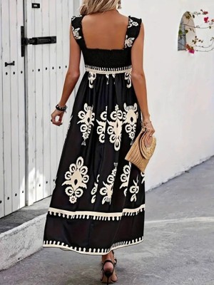 Femora Moda Kadın Askılı Kare Yaka Gipe Detaylı Desenli Suprem Elbise