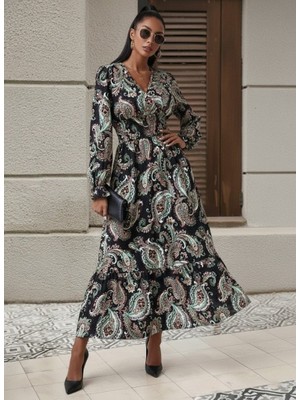 Femora Moda Kadın Uzun Kollu Kruvaze Yaka Beli Lastikli Uzun Desenli Maxi Elbise