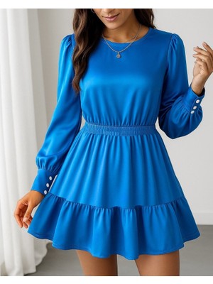 Femora Moda Kadın Uzun Kollu Bisiklet Yaka Beli Lastikli Fırfırlı Ithal Krep Elbise