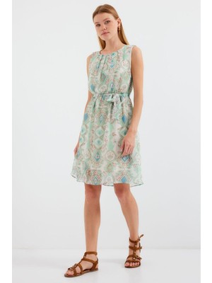 Femora Moda 2501 Desenli Sıfır Kol Şifon Elbise - Mint