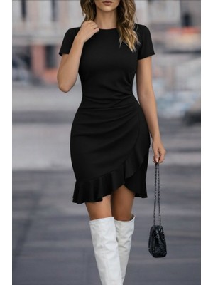 Femora Moda Kadın Kısa Kollu Bisiklet Yaka Önden Volanlı Ithal Krep Elbise