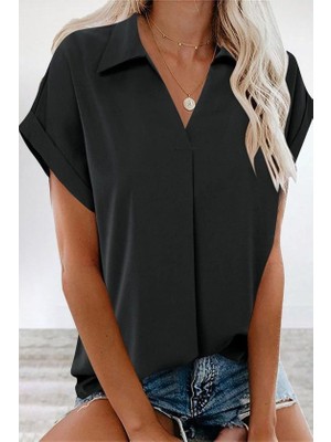 Femora Moda Kadın Kısa Kollu Yakalı Dokuma Viskon Bluz