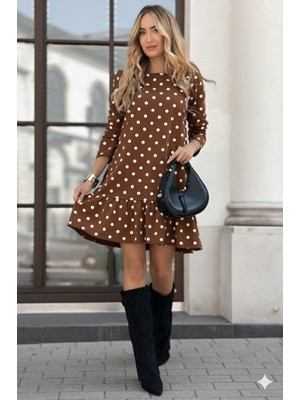 Femora Moda Kadın Uzun Kollu Bisiklet Yaka Fırfırlı Puantiyeli Kısa Modal Elbise