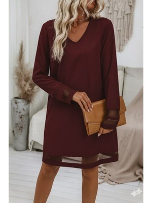 Femora Moda Kadın Uzun Kollu V Yakalı Tül Şerit Detaylı Mini Krep Elbise