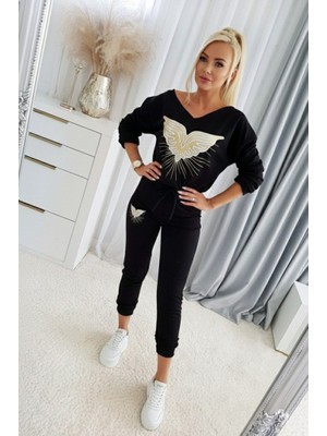 Femora Moda Kadın Uzun Kollu V Yakalı Desenli Viskon Iki Iplik Bluz ve Pantolon Ikili Takım