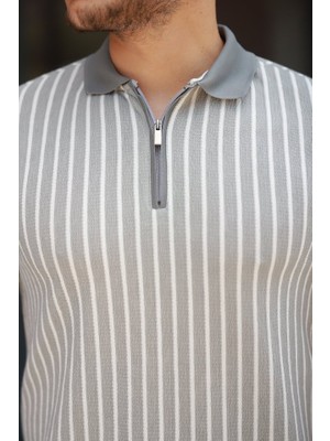 Femora Moda Erkek Çizgili Fermuar Yakalı Kısa Kollu Tişört