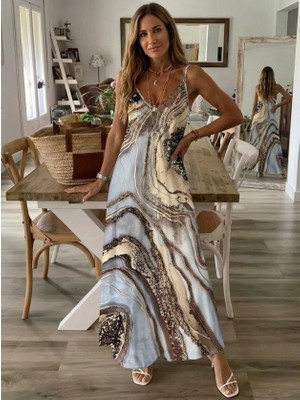 Femora Moda Kadın Askılı V Yakalı Desenlı Uzun Süprem Elbise