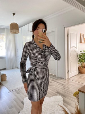 Femora Moda Kadın Uzun Kollu Kruvaze Yaka Bağlamalı Kemer Dalgıç Mini Boy Elbise