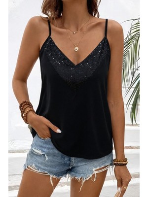 Femora Moda Kadın Ip Askılı V Yakalı Pulpayet Detaylı Sandy Bluz