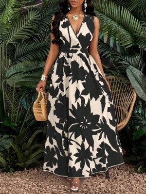 Femora Moda Kadın Askılı Kruvaze Yakalı Çiçek Desenli Uzun Süprem Elbise