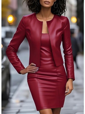 Femora Moda Kadın Uzun Kollu Önü Açık Deri Ceket ve Askılı Yuvarlak Yakalı Mini Elbise Ikili Takım
