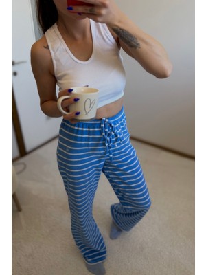 Mavi Beyaz Çizgili Belden Bağlamalı Havlu Kumaş Pijama Alt