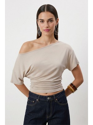 Ritnice Kadın Lona Bele Oturan Yan Büzgülü Taş Örme Bluz