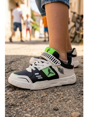 In Step Enjoyi Erkek Çocuk Spor Ayakkabı - Siyah Beyaz Yeşil - Işıltılı Nakışlı Günlük Ayakkabı