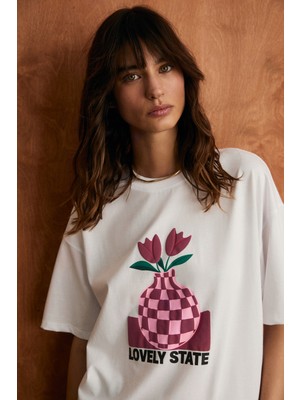 Grimelange Sprıne Kadın Yumuşak Kumaşlı %100 Pamuklu Baskılı Regular Beyaz T-Shirt