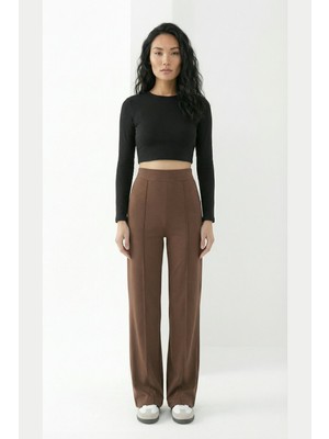 Greymoor Kahverengi Modal Çımalı Bol Paça Yüksek Bel Yumuşak Dokulu Beli Lastikli Likralı Pantolon