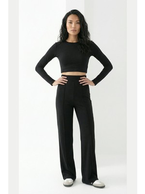 Greymoor Siyah Modal Çımalı Bol Paça Yüksek Bel Yumuşak Dokulu Beli Lastikli Likralı Pantolon