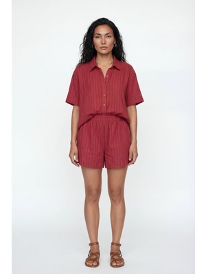 Greymoor Bordo Kadın Çizgili  Şortlu Pamuklu Takım