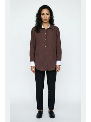Greymoor Kahverengi Kadın Çizgili Gömlek Kol Yaka Beyaz Detaylı