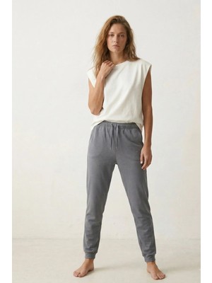 elemge %100 Pamuk Compact Penye Süprem Kadın Pijama Altı Cepli Regular Fit Manşet Paça Esnek Gri Terletmez Beli İpli