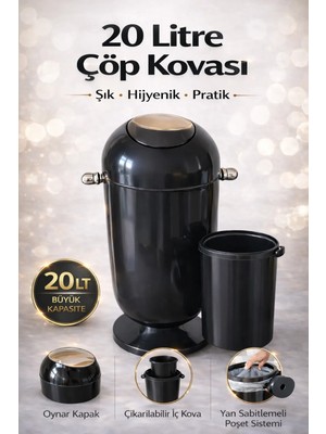 Adefco 20 Lt Tekerlekli Çöp Kovası Kapaklı Modern Tasarım Çıkarılabilir Hazneli Siyah