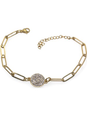 Nkie Jewels Altın Renk Yuvarlak Beyaz Model Ataç Zincir Çelik Bileklik - 3673